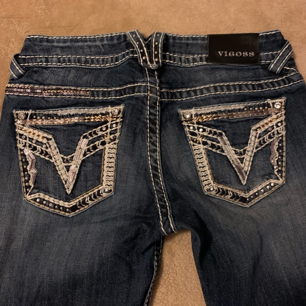 Vigoss Women's Dark Blue Boot Cut Jeans with Embellished Pockets